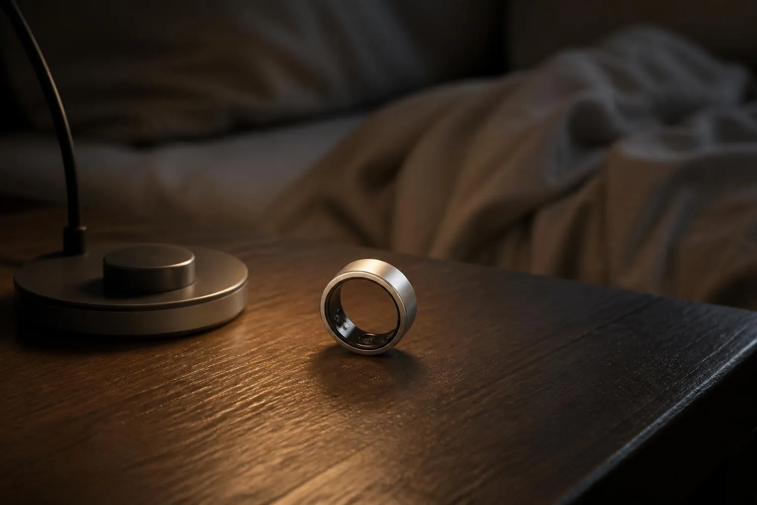 Bague connectée en titane posée sur une table de chevet sombre, à côté de son socle de charge