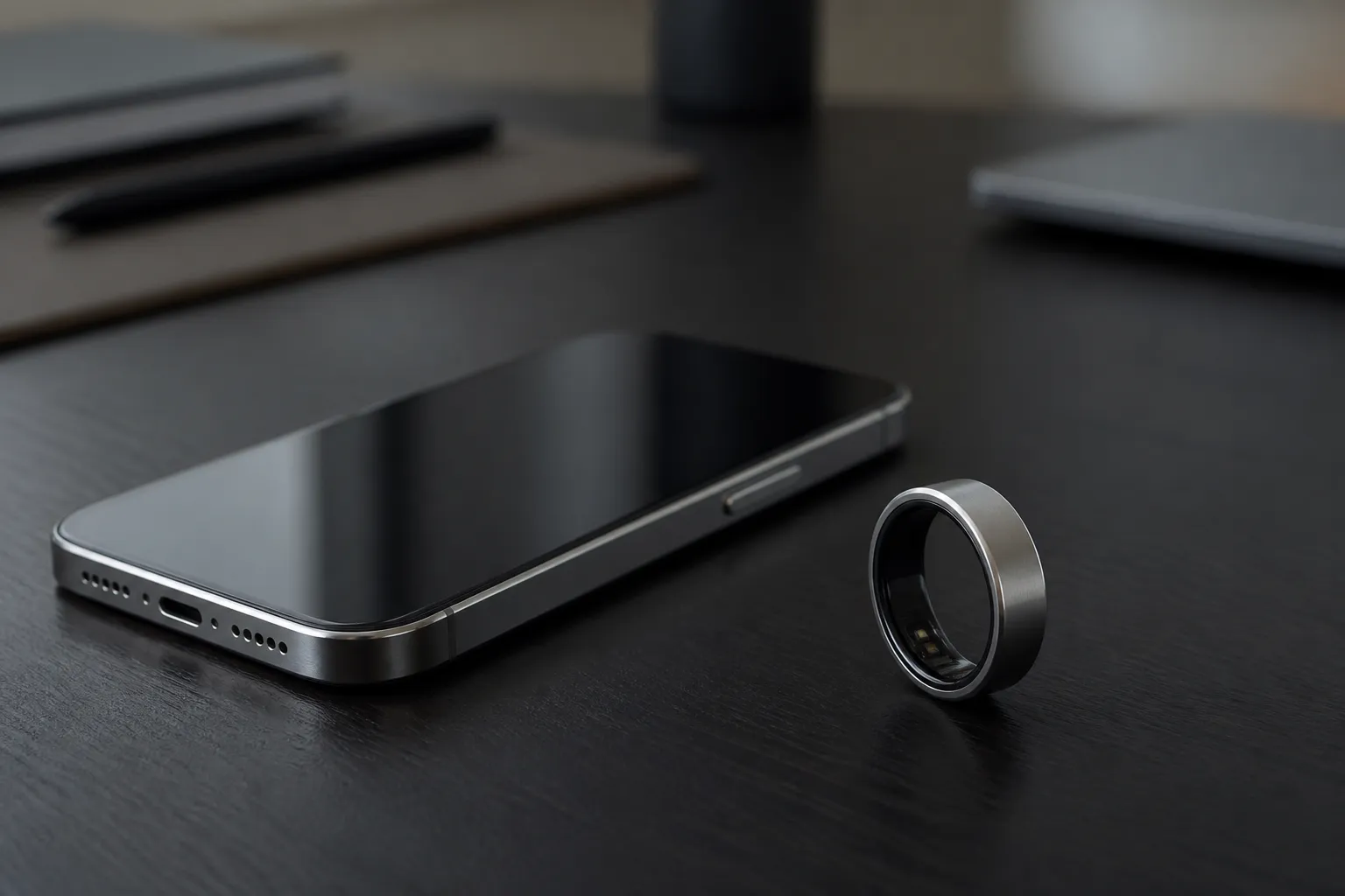 Bague connectée en titane posée à côté d'un iPhone éteint sur une table sombre