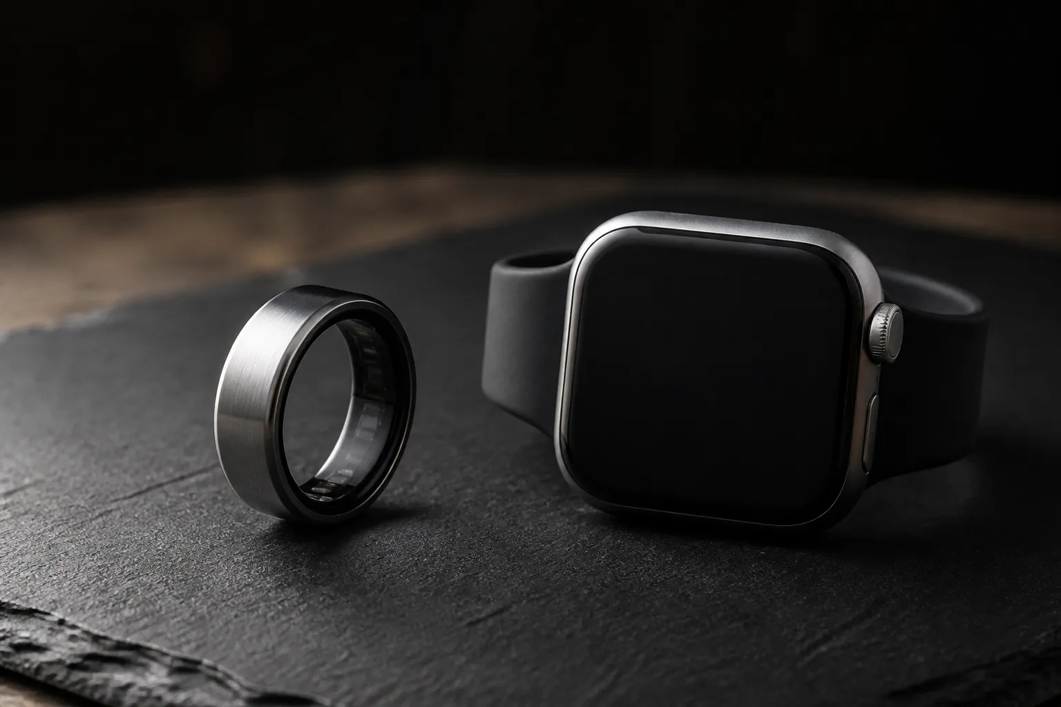 Bague connectée en titane et montre connectée à écran éteint posées côte à côte sur une surface sombre