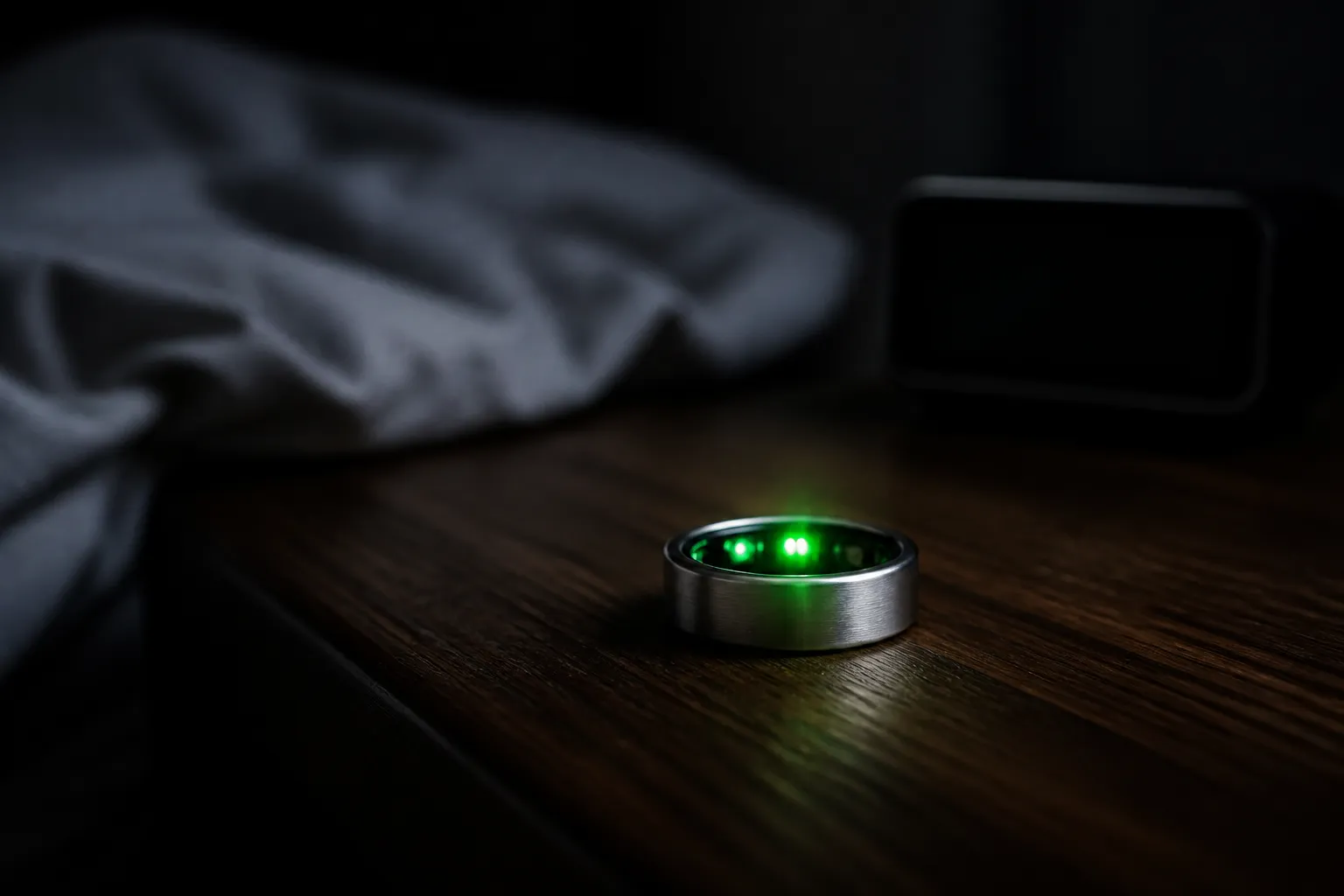 Bague connectée en titane posée sur une table de nuit sombre, près d'un réveil éteint